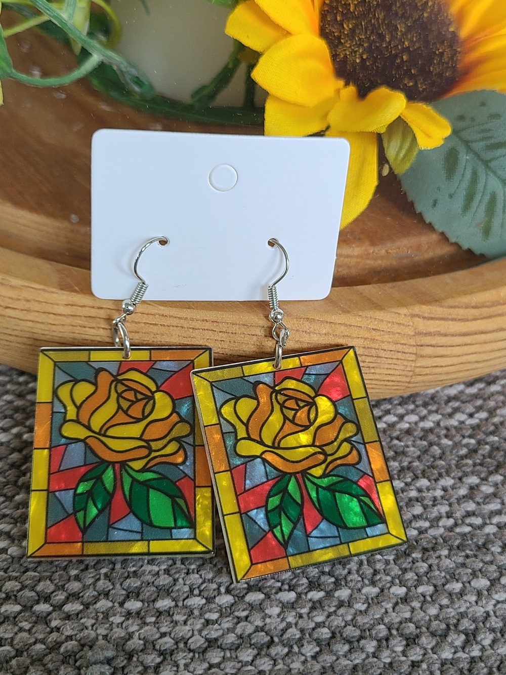 Yellow Rose Stained-Glass Style Dangle Earrings - Unbranded